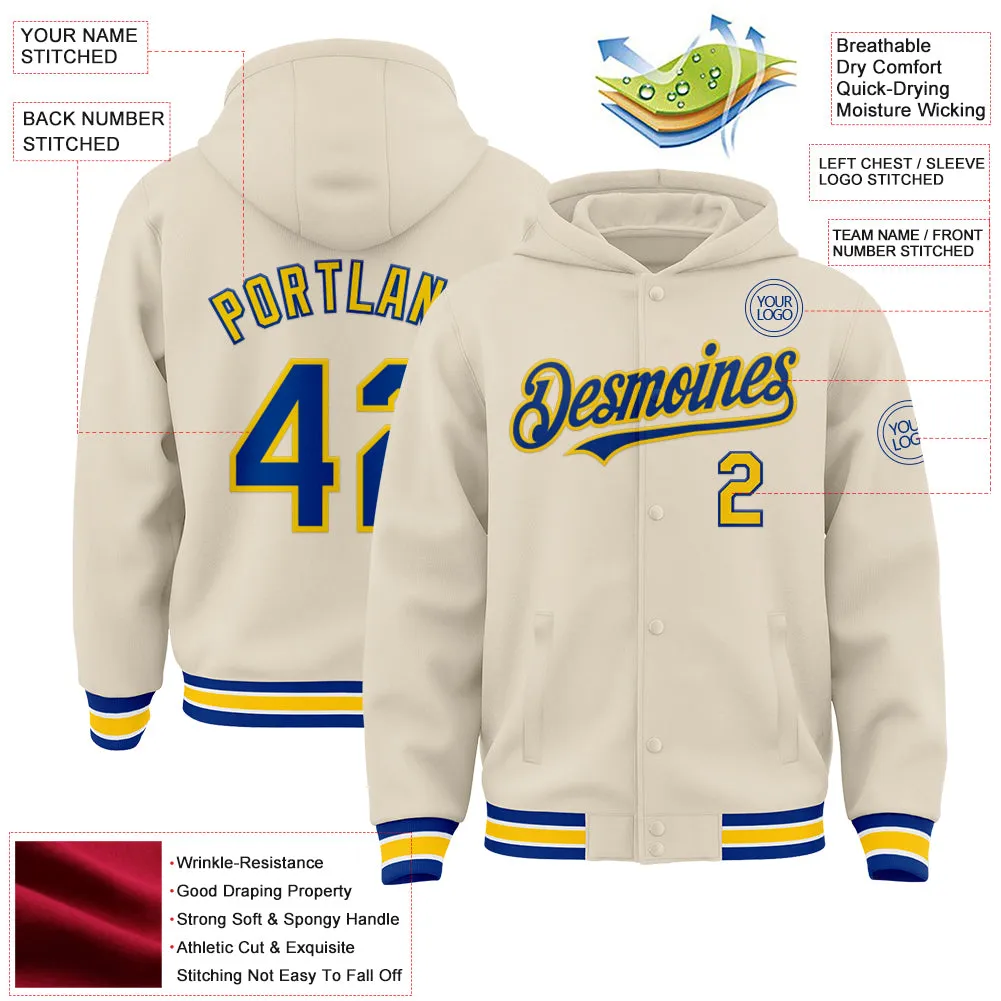 Custom Cream Royal Yellow-White Bomber Full-Snap Varsity Letterman Hoodie Jacket