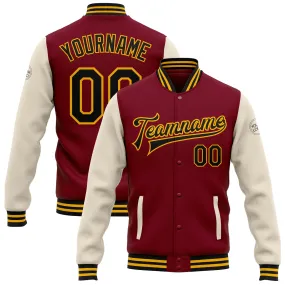 Custom Crimson Black Cream-Gold Bomber Full-Snap Varsity Letterman Two Tone Jacket