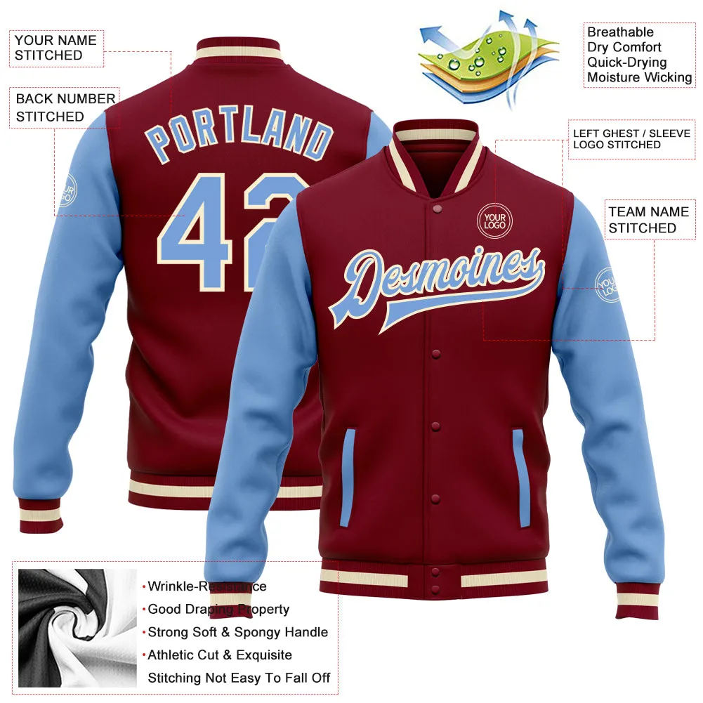 Custom Crimson Light Blue-Cream Bomber Full-Snap Varsity Letterman Two Tone Jacket