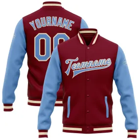 Custom Crimson Light Blue-Cream Bomber Full-Snap Varsity Letterman Two Tone Jacket