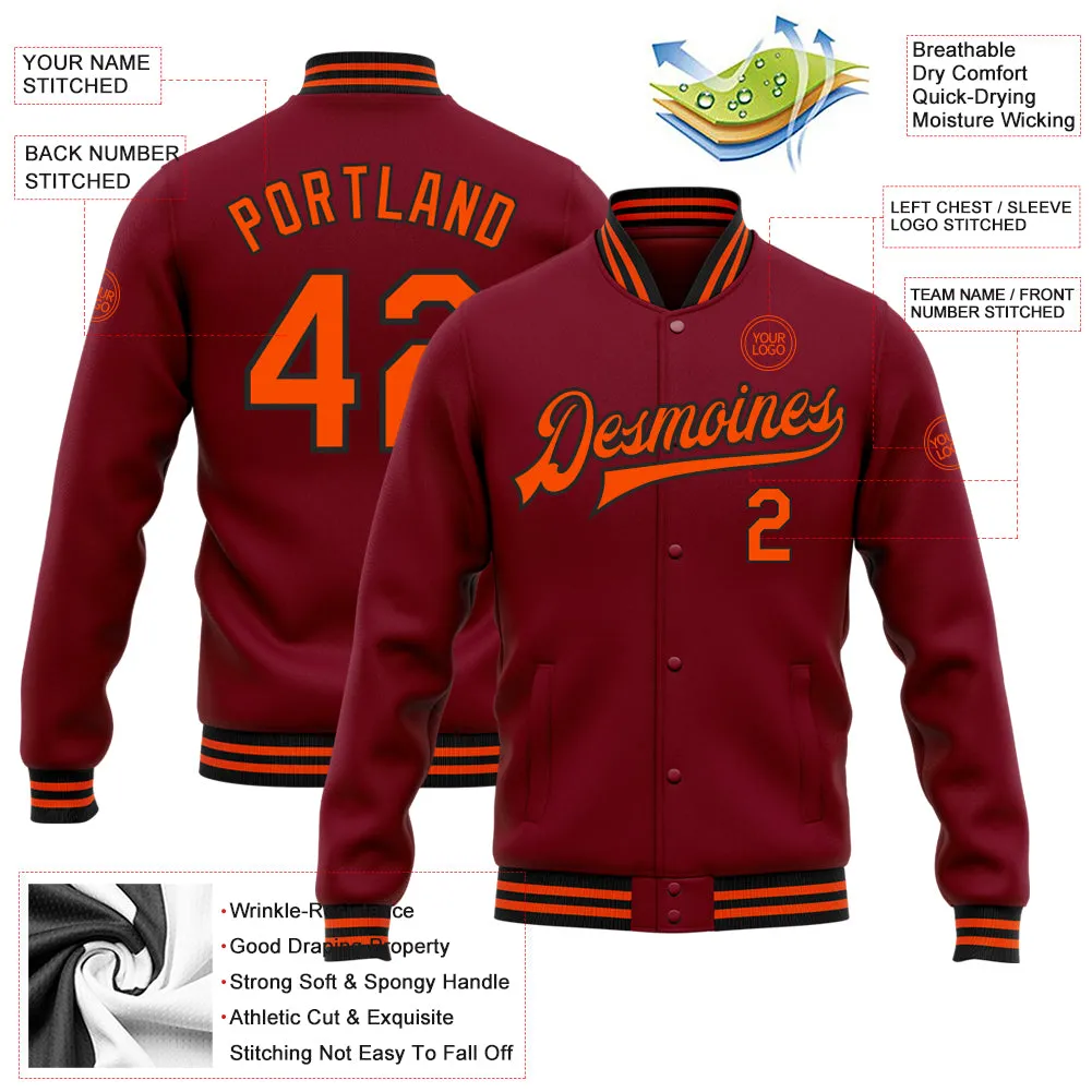 Custom Crimson Orange-Black Bomber Full-Snap Varsity Letterman Jacket