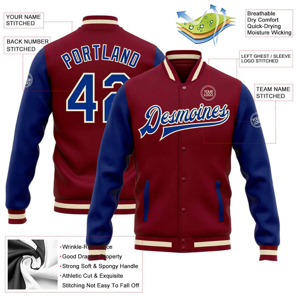 Custom Crimson Royal-White Bomber Full-Snap Varsity Letterman Two Tone Jacket