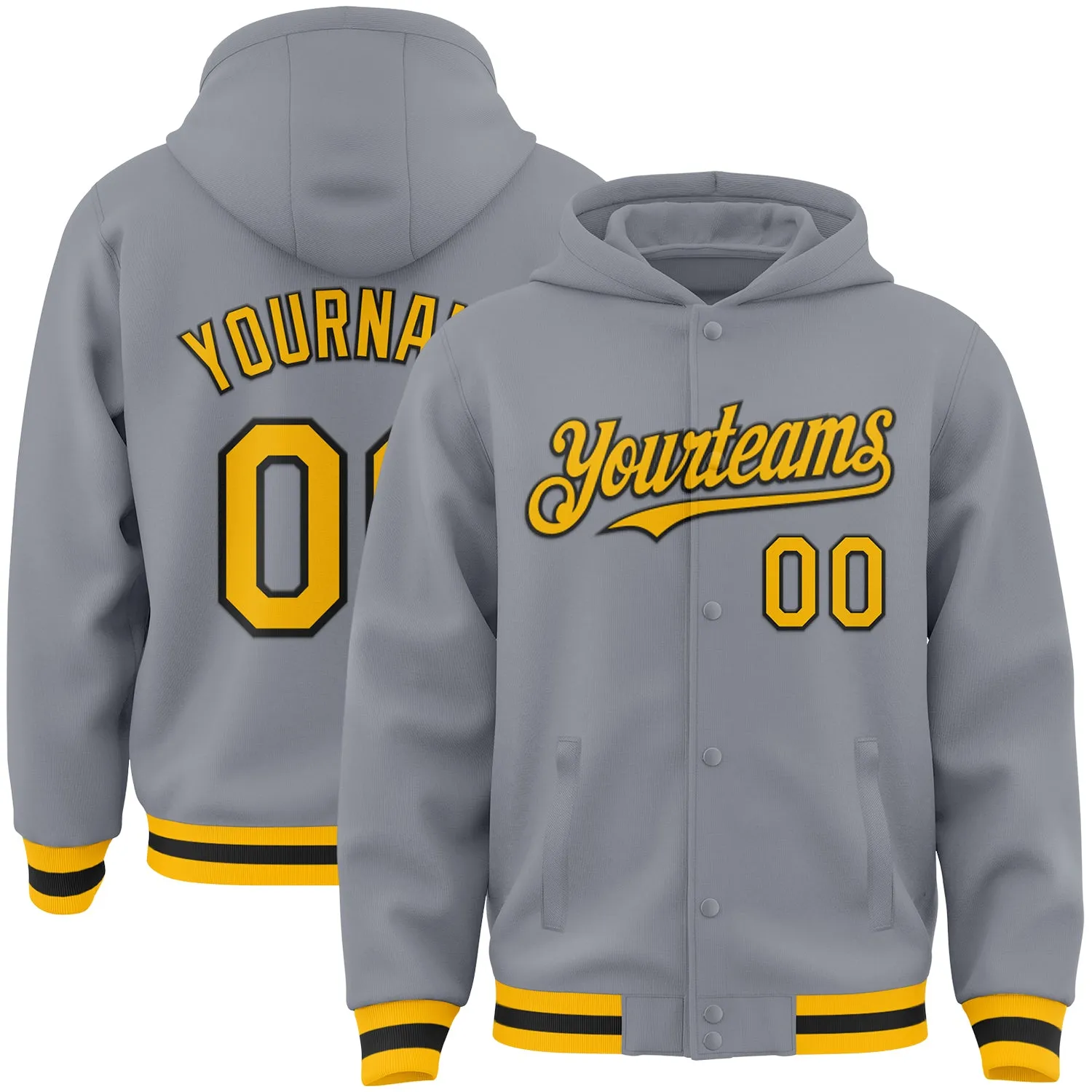 Custom Gray Gold-Black Bomber Full-Snap Varsity Letterman Hoodie Jacket