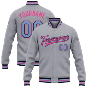 Custom Gray Light Blue Black-Pink Bomber Full-Snap Varsity Letterman Jacket