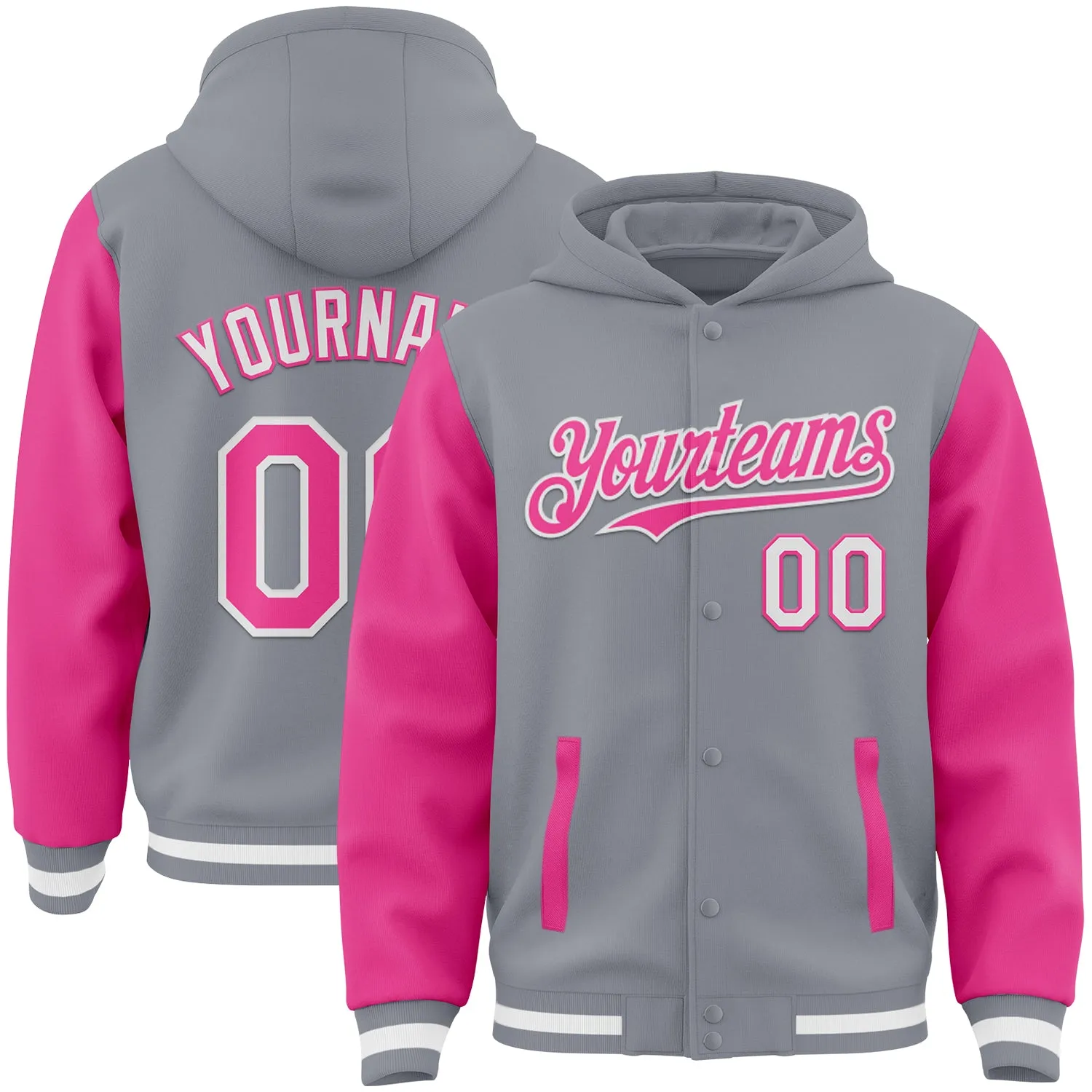 Custom Gray Pink-White Bomber Full-Snap Varsity Letterman Two Tone Hoodie Jacket