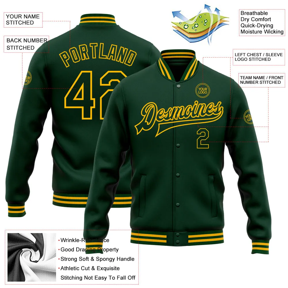 Custom Green Gold Bomber Full-Snap Varsity Letterman Jacket