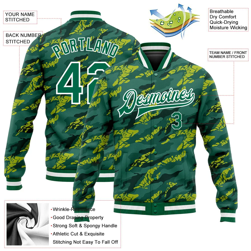 Custom Green Kelly Green-White 3D Pattern Design Bomber Full-Snap Varsity Letterman Jacket