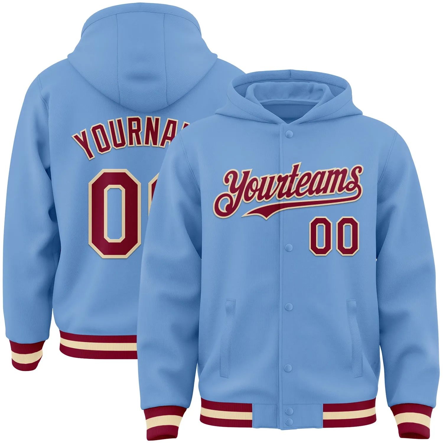 Custom Light Blue Maroon-Cream Bomber Full-Snap Varsity Letterman Hoodie Jacket