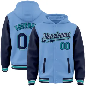 Custom Light Blue Navy Gray-Teal Bomber Full-Snap Varsity Letterman Two Tone Hoodie Jacket