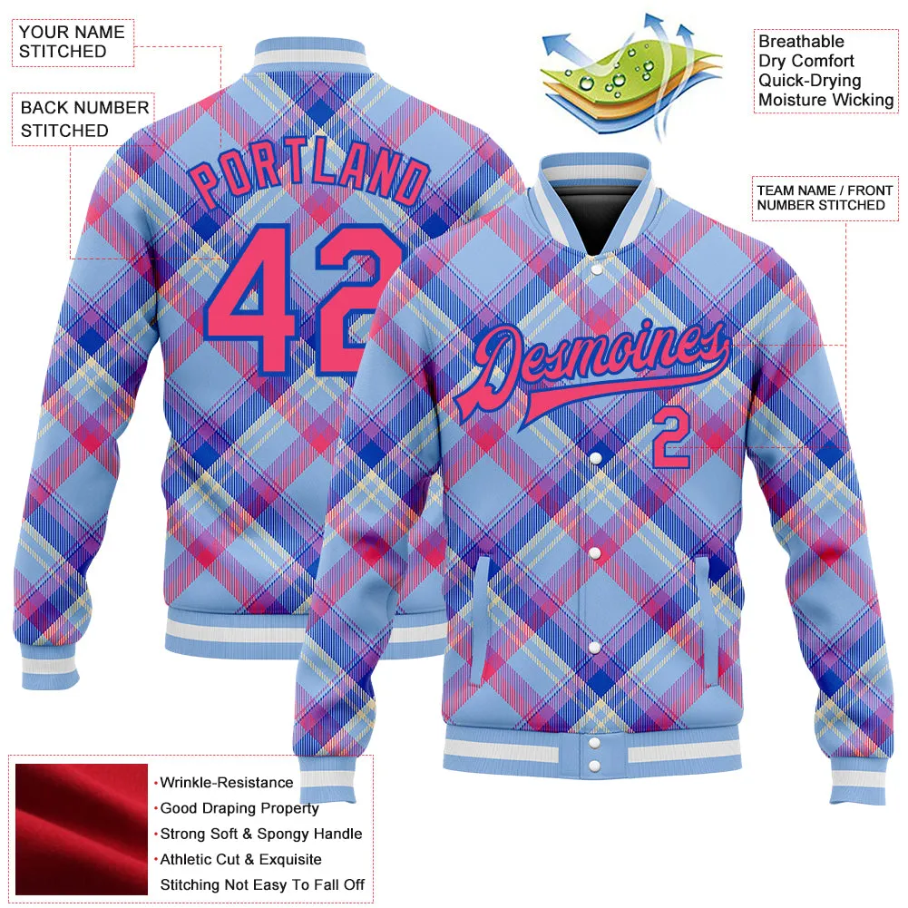 Custom Light Blue Neon Pink Thunder Blue-Cream Check Board 3D Pattern Design Bomber Full-Snap Varsity Letterman Jacket