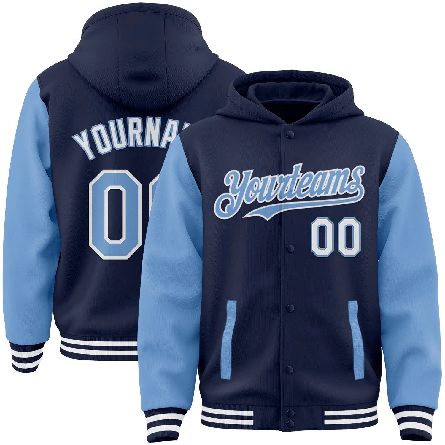 Custom Navy Light Blue-White Bomber Full-Snap Varsity Letterman Two Tone Hoodie Jacket