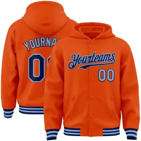 Custom Orange Navy-Light Blue Bomber Full-Snap Varsity Letterman Hoodie Jacket