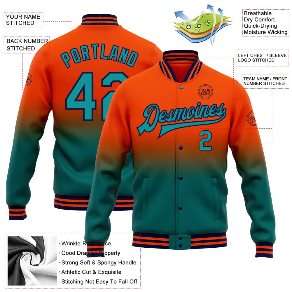 Custom Orange Teal-Navy Bomber Full-Snap Varsity Letterman Fade Fashion Jacket