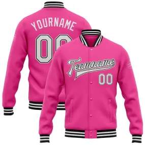 Custom Pink White-Black Bomber Full-Snap Varsity Letterman Jacket