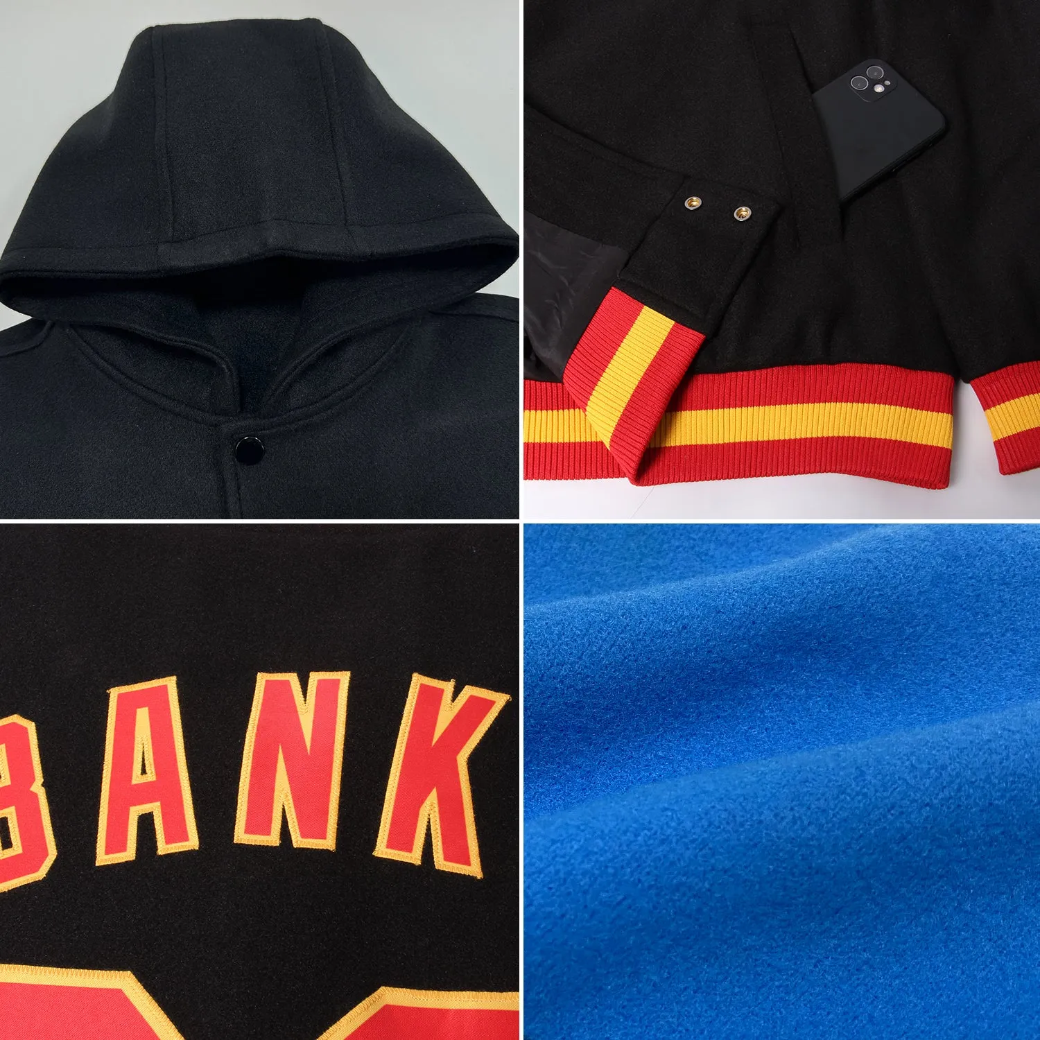 Custom Powder Blue Black-Orange Bomber Full-Snap Varsity Letterman Two Tone Hoodie Jacket