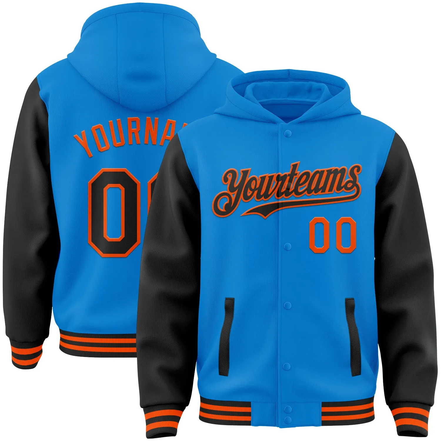 Custom Powder Blue Black-Orange Bomber Full-Snap Varsity Letterman Two Tone Hoodie Jacket