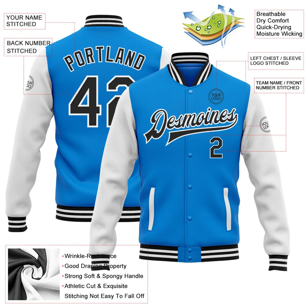 Custom Powder Blue Black-White Bomber Full-Snap Varsity Letterman Two Tone Jacket