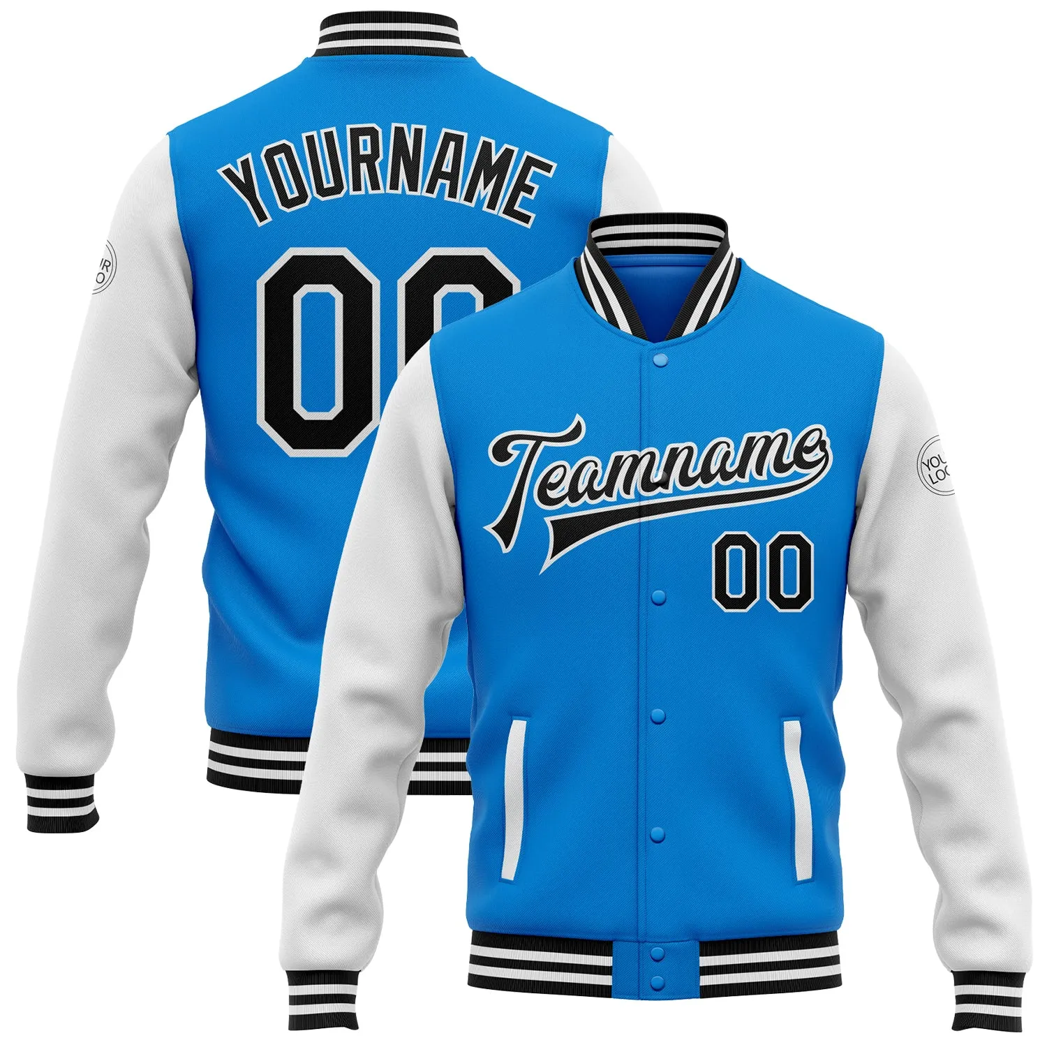 Custom Powder Blue Black-White Bomber Full-Snap Varsity Letterman Two Tone Jacket