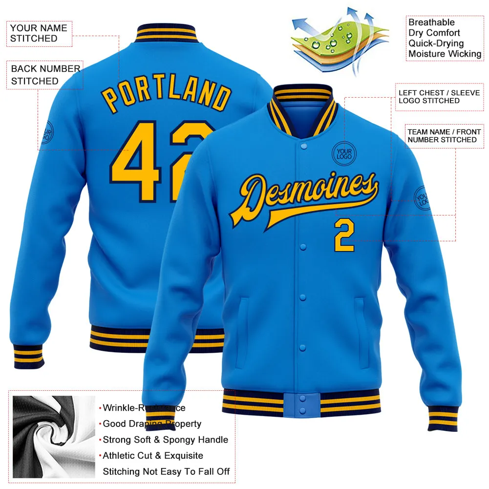 Custom Powder Blue Gold-Navy Bomber Full-Snap Varsity Letterman Jacket