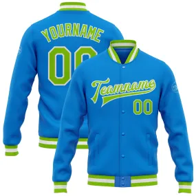 Custom Powder Blue Neon Green-White Bomber Full-Snap Varsity Letterman Jacket