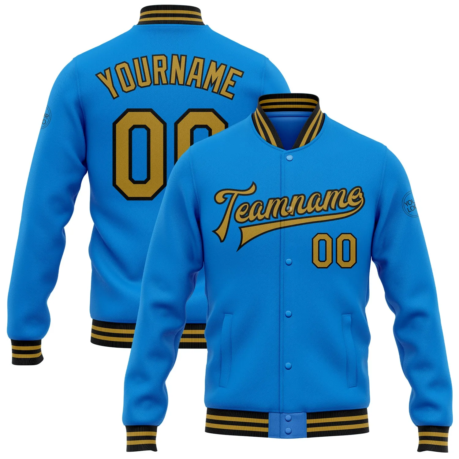 Custom Powder Blue Old Gold-Black Bomber Full-Snap Varsity Letterman Jacket