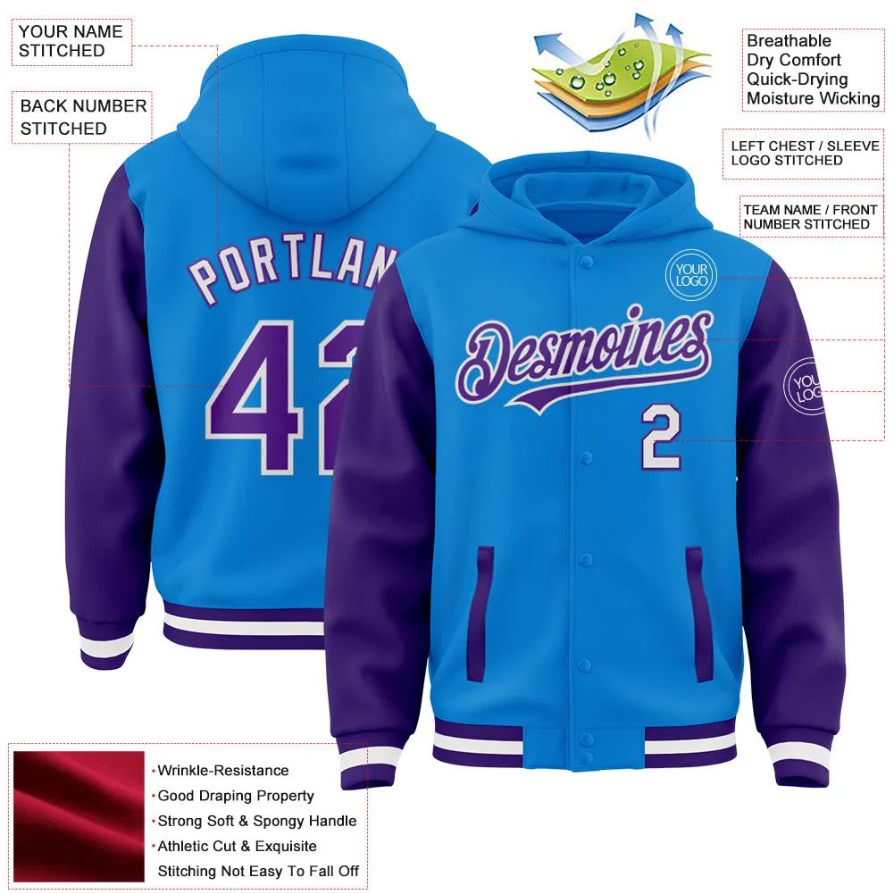 Custom Powder Blue Purple-White Bomber Full-Snap Varsity Letterman Two Tone Hoodie Jacket