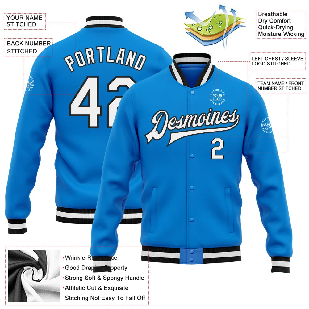 Custom Powder Blue White-Black Bomber Full-Snap Varsity Letterman Jacket