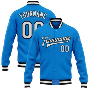 Custom Powder Blue White-Black Bomber Full-Snap Varsity Letterman Jacket