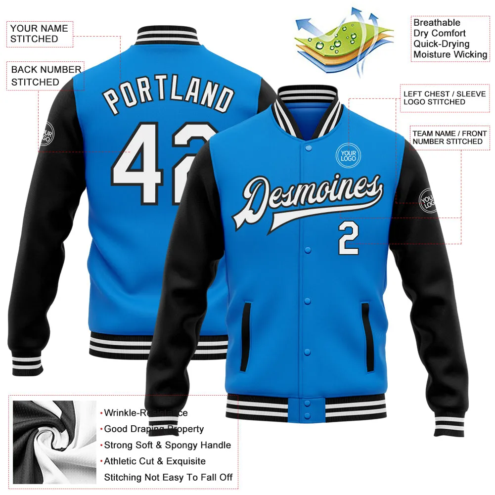 Custom Powder Blue White-Black Bomber Full-Snap Varsity Letterman Two Tone Jacket