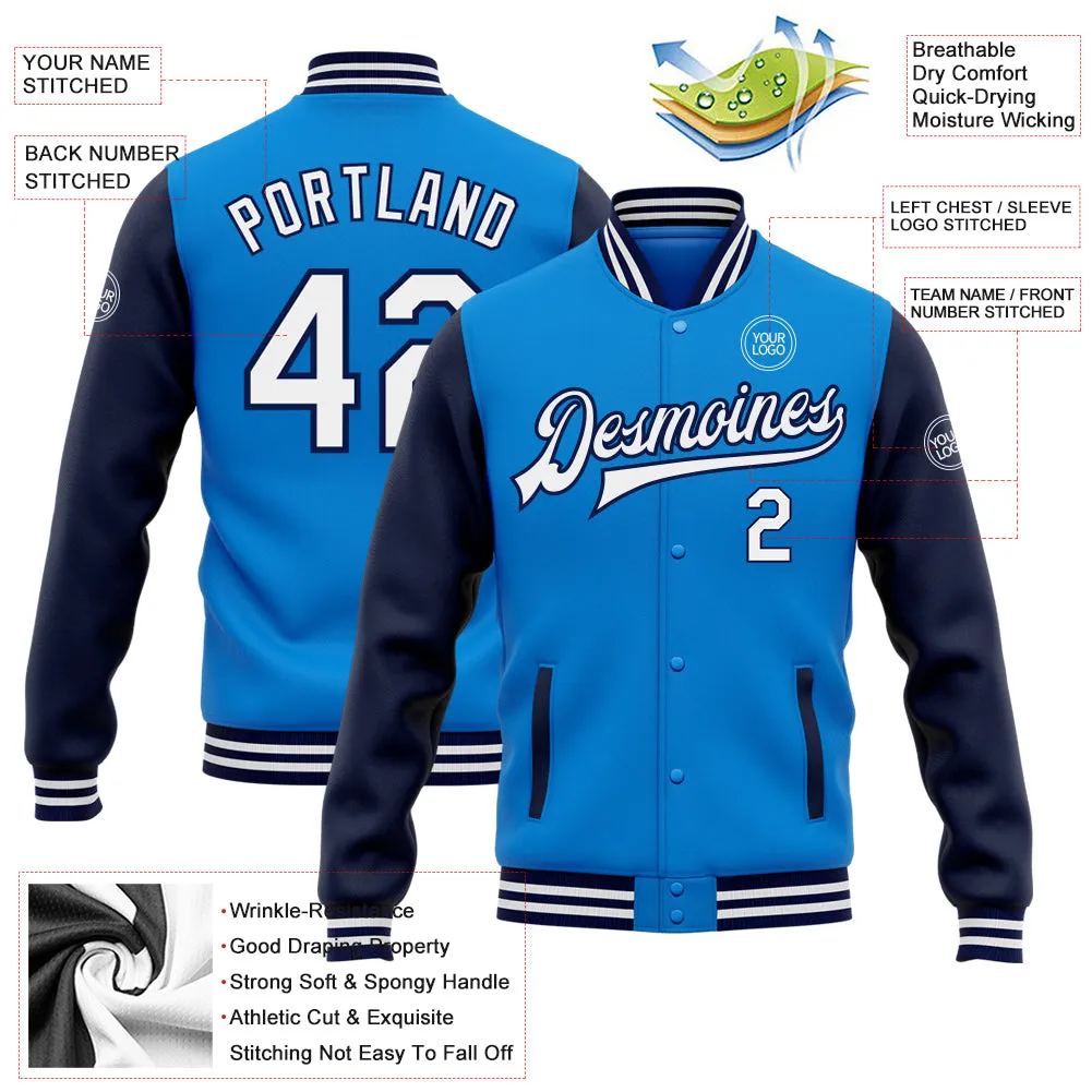 Custom Powder Blue White-Navy Bomber Full-Snap Varsity Letterman Two Tone Jacket