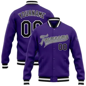 Custom Purple Black-Gray Bomber Full-Snap Varsity Letterman Jacket