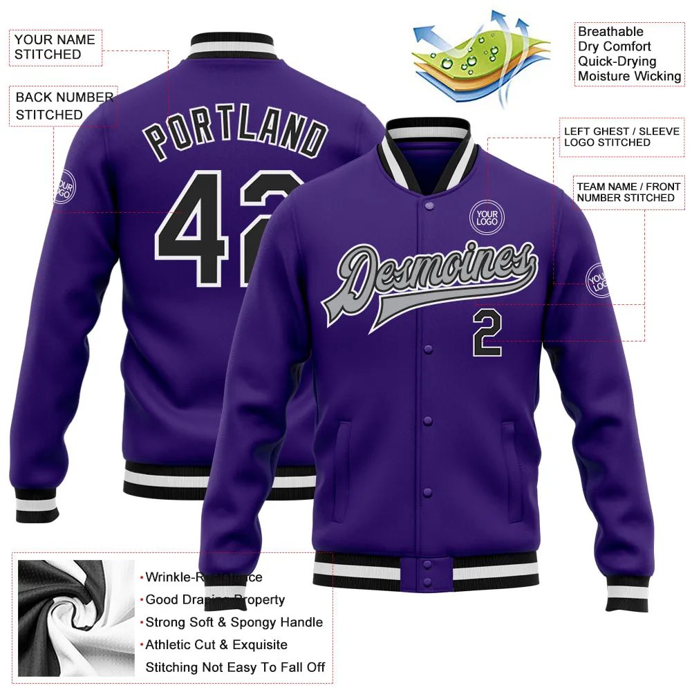 Custom Purple Black-Gray Bomber Full-Snap Varsity Letterman Jacket