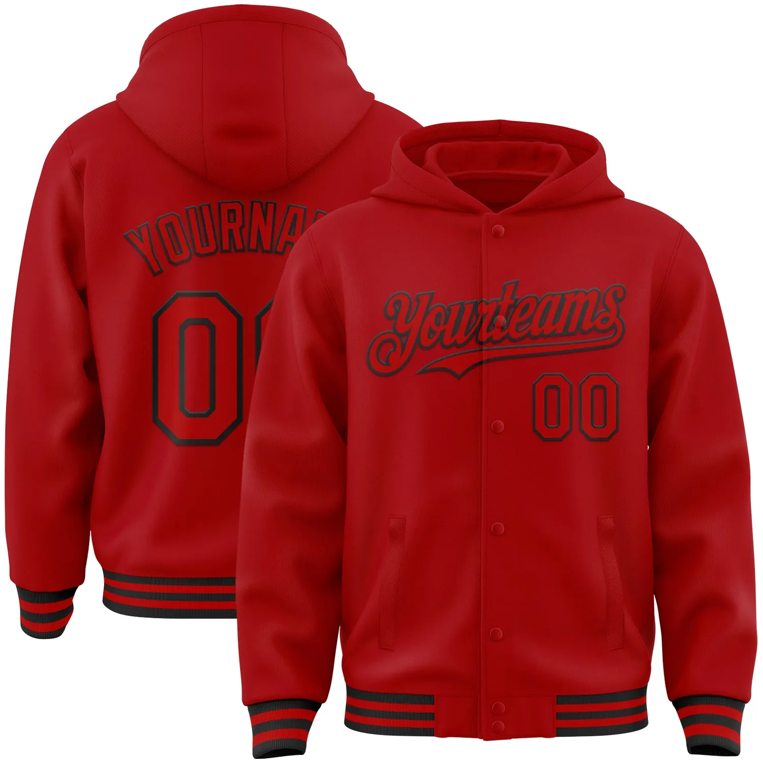 Custom Red Black Bomber Full-Snap Varsity Letterman Hoodie Jacket