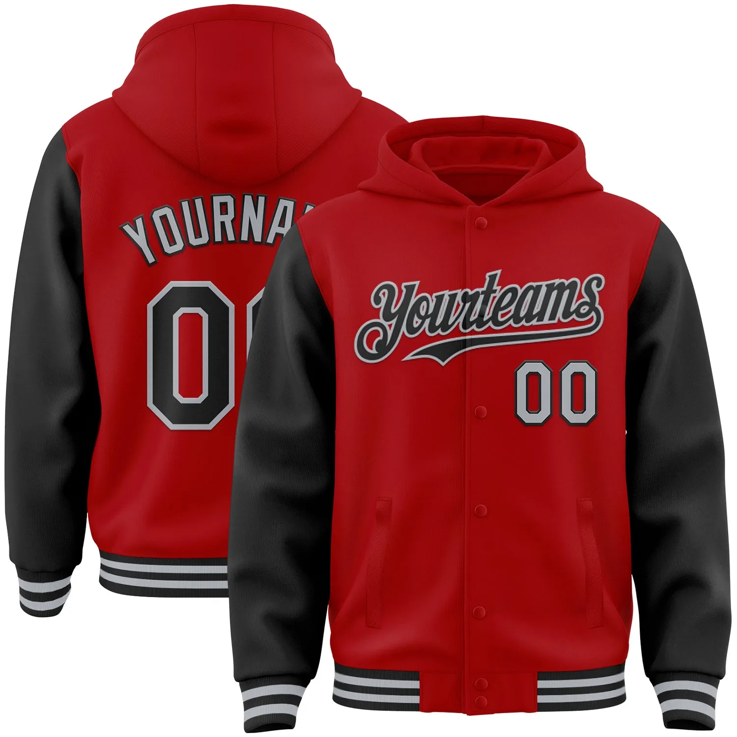 Custom Red Black-Gray Bomber Full-Snap Varsity Letterman Two Tone Hoodie Jacket