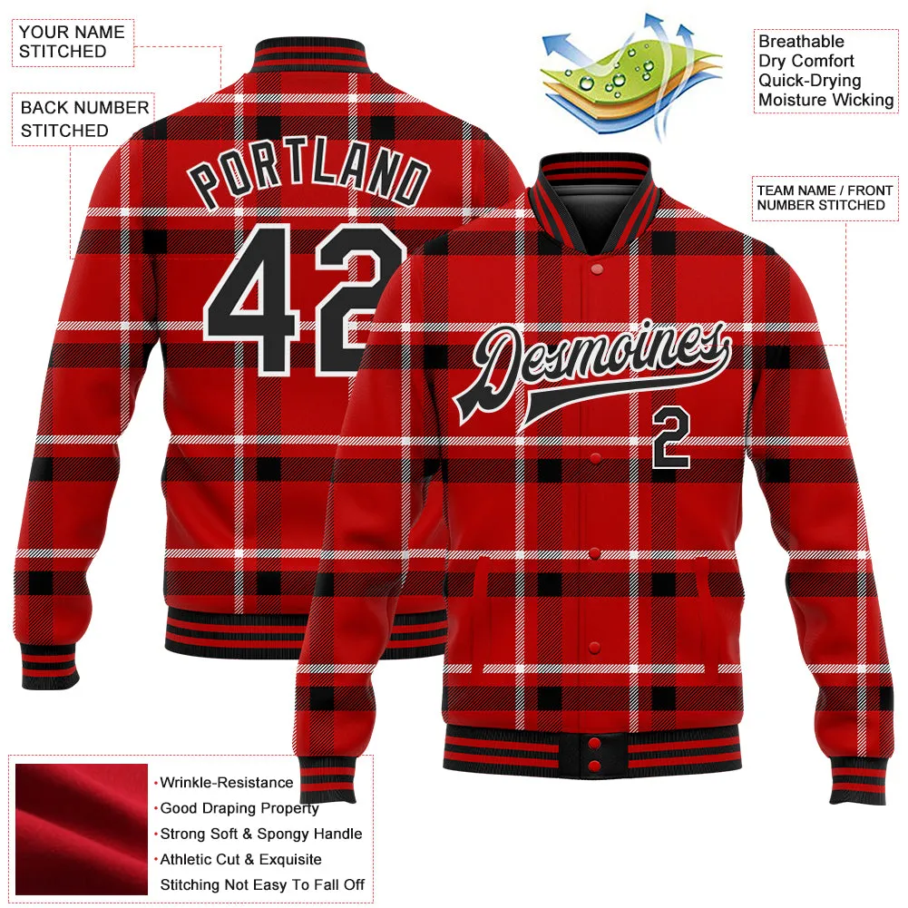 Custom Red Black-White Classic Western Plaid 3D Pattern Design Bomber Full-Snap Varsity Letterman Jacket