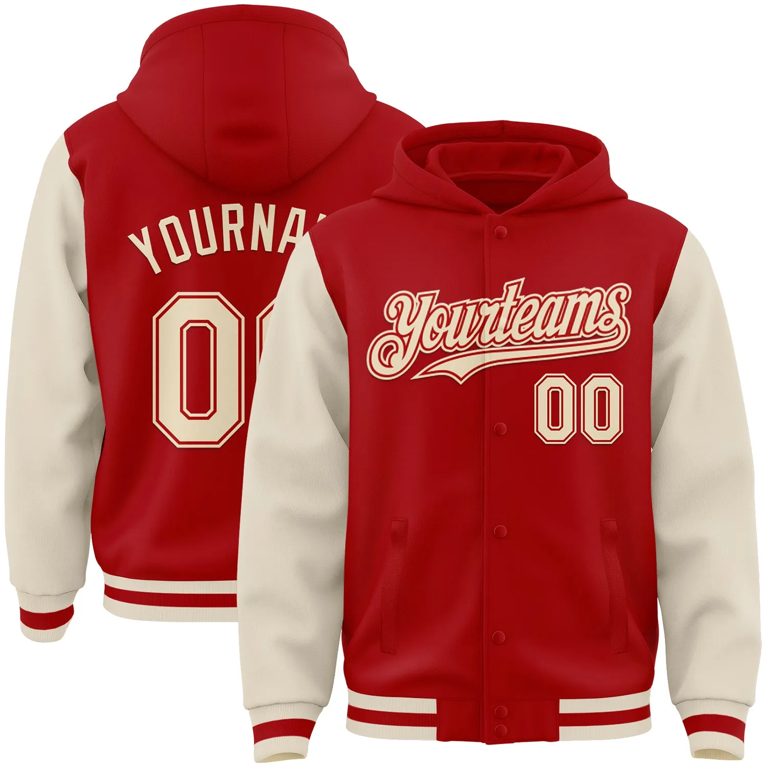 Custom Red Cream Bomber Full-Snap Varsity Letterman Two Tone Hoodie Jacket