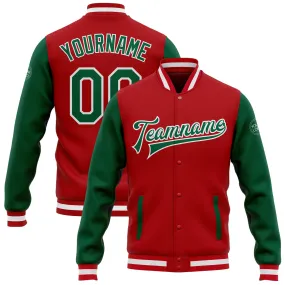 Custom Red Kelly Green-White Bomber Full-Snap Varsity Letterman Two Tone Jacket