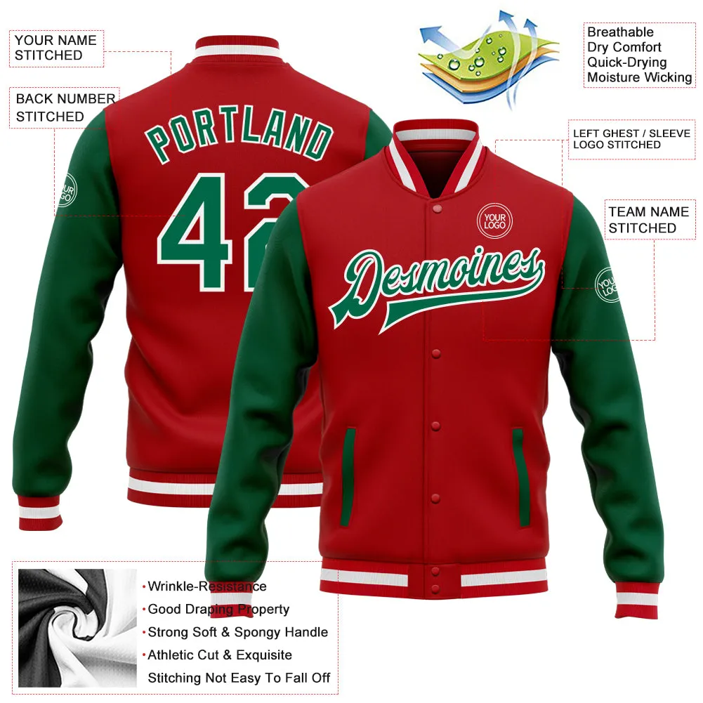 Custom Red Kelly Green-White Bomber Full-Snap Varsity Letterman Two Tone Jacket