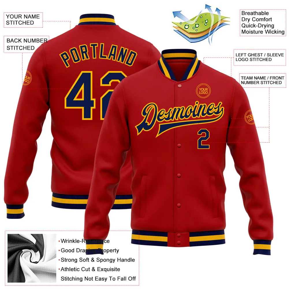 Custom Red Navy-Gold Bomber Full-Snap Varsity Letterman Jacket