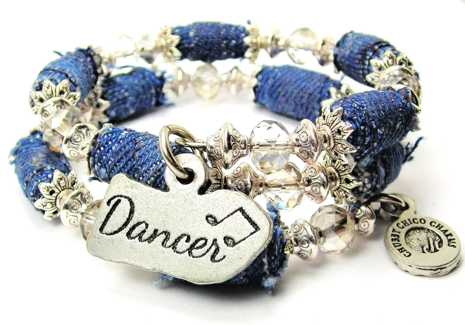 Dancer With Music Notes Blue Jean Beaded Wrap Bracelet