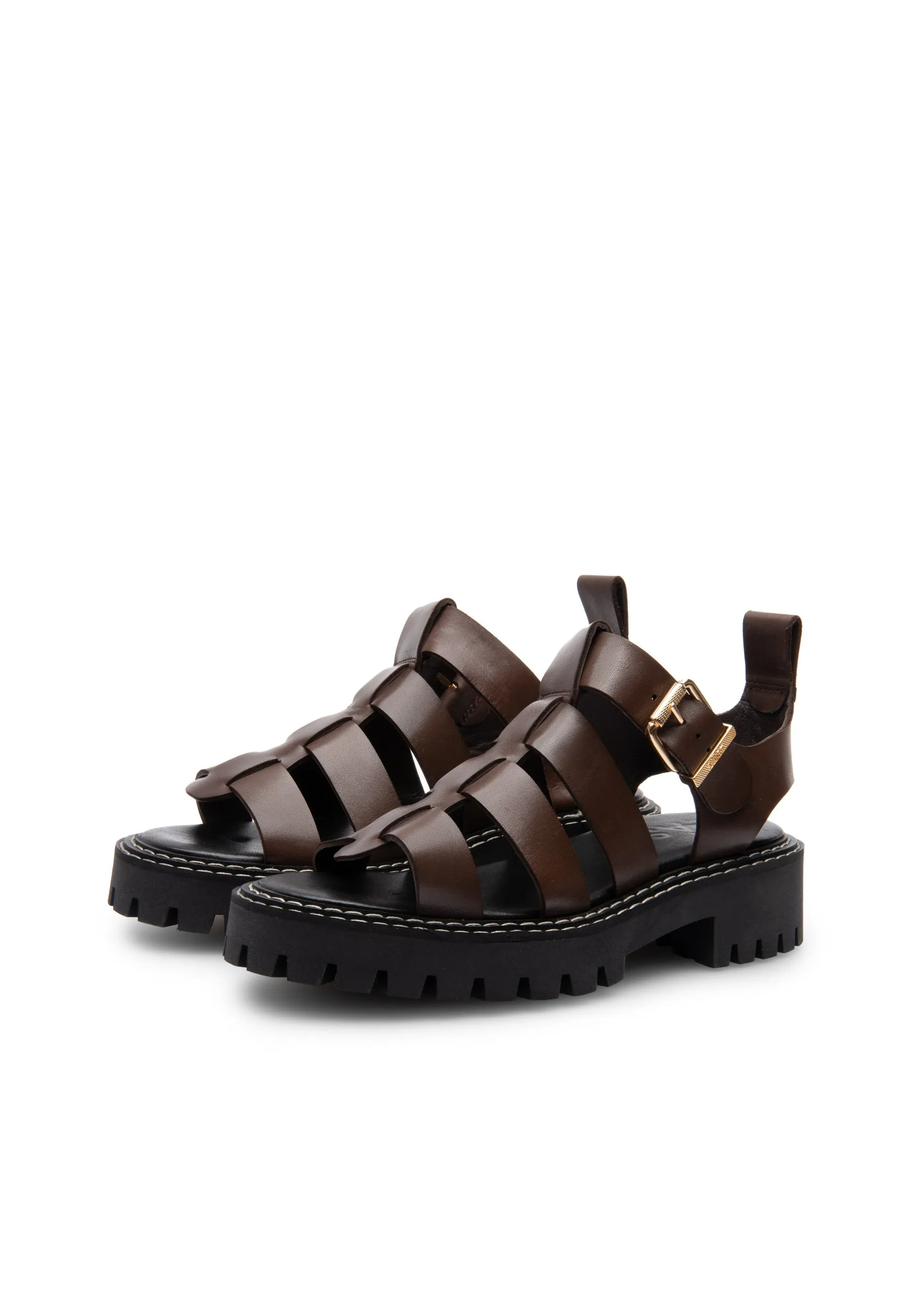 Daphny Brown Leather Chunky Sandals