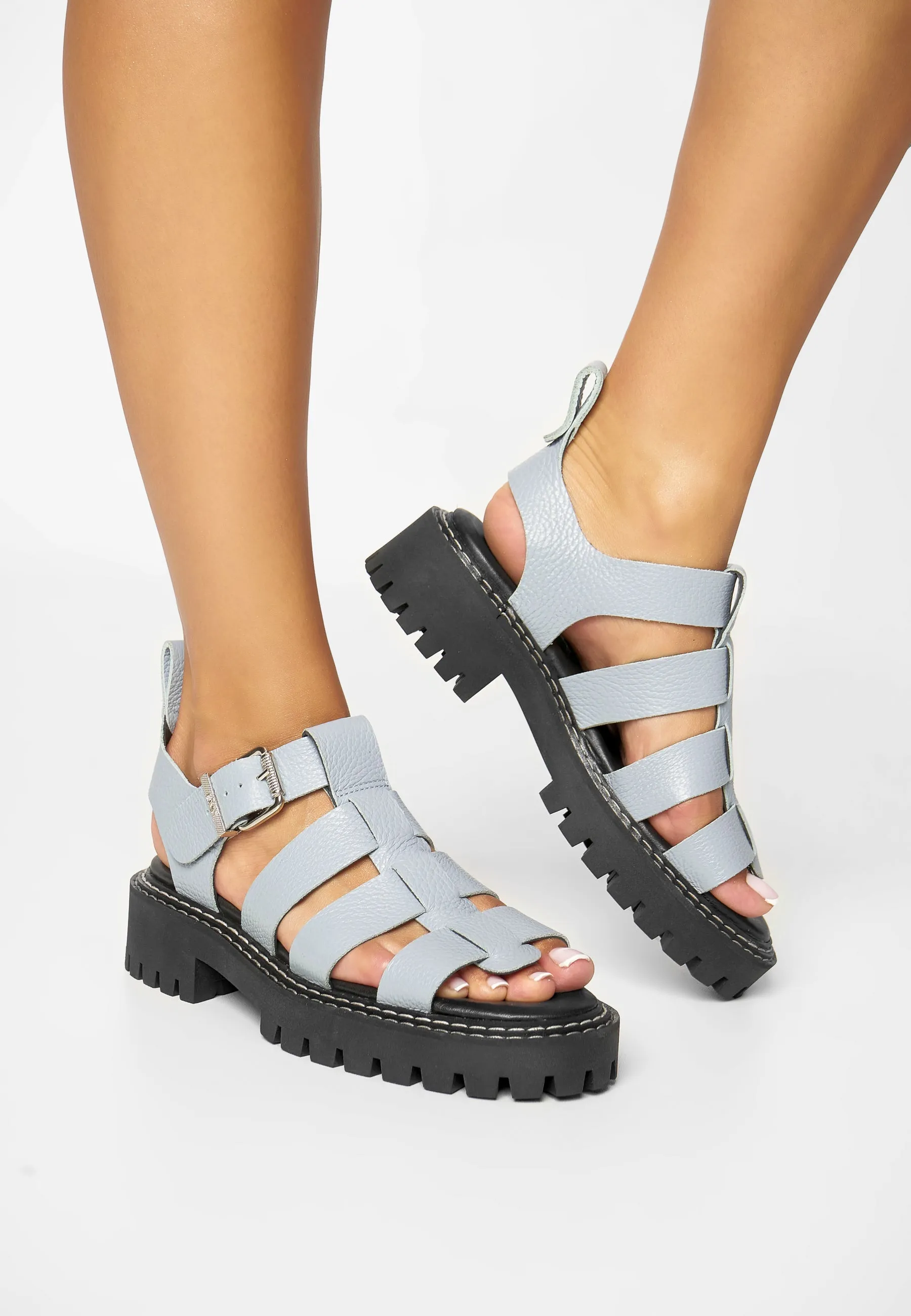 Daphny Dusty Blue Grained Leather Chunky Sandals