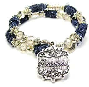 Daughter Victorian Scroll Blue Jean Beaded Wrap Bracelet