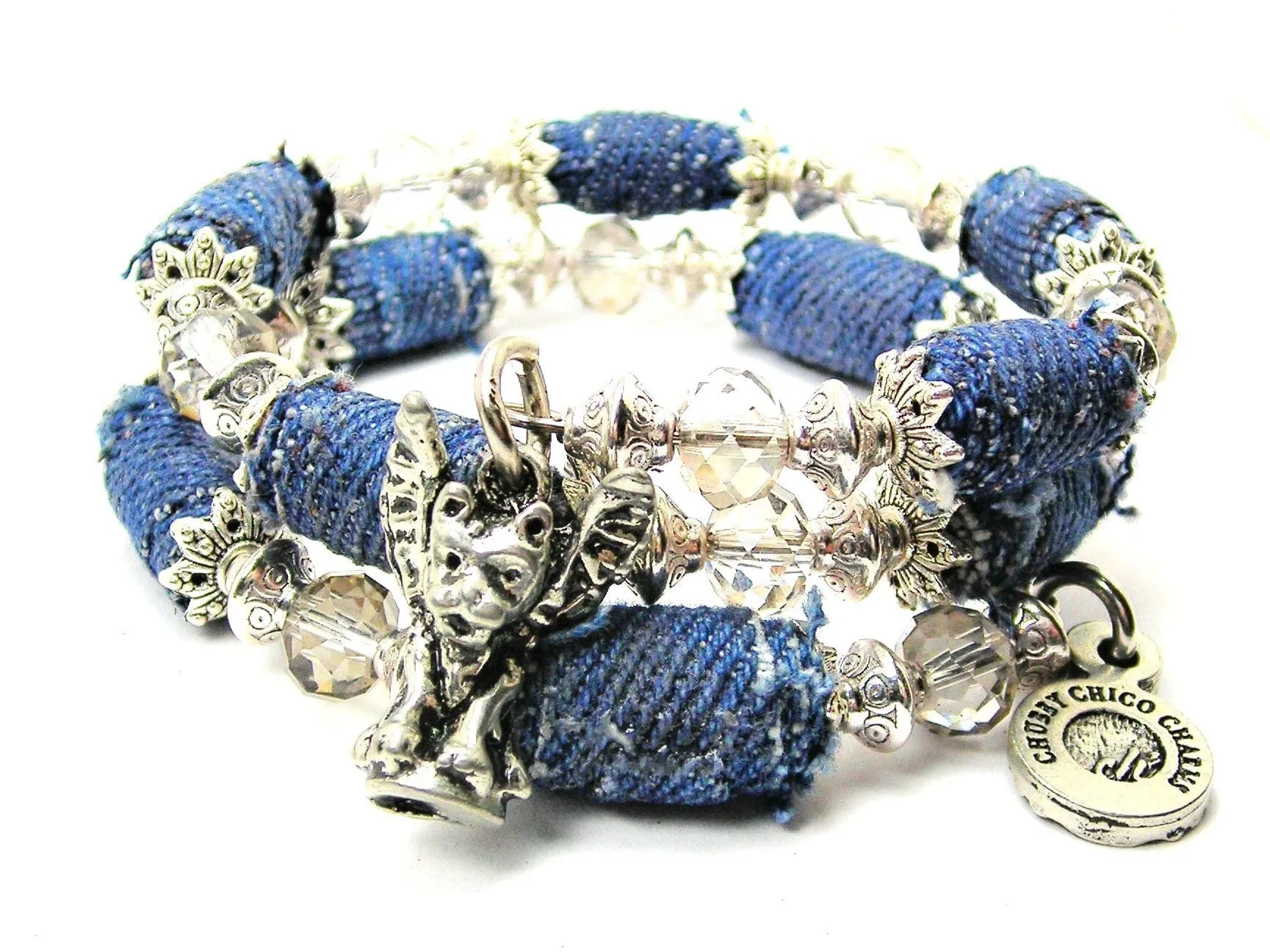 Dog Angel Blue Jean Beaded Wrap Bracelet