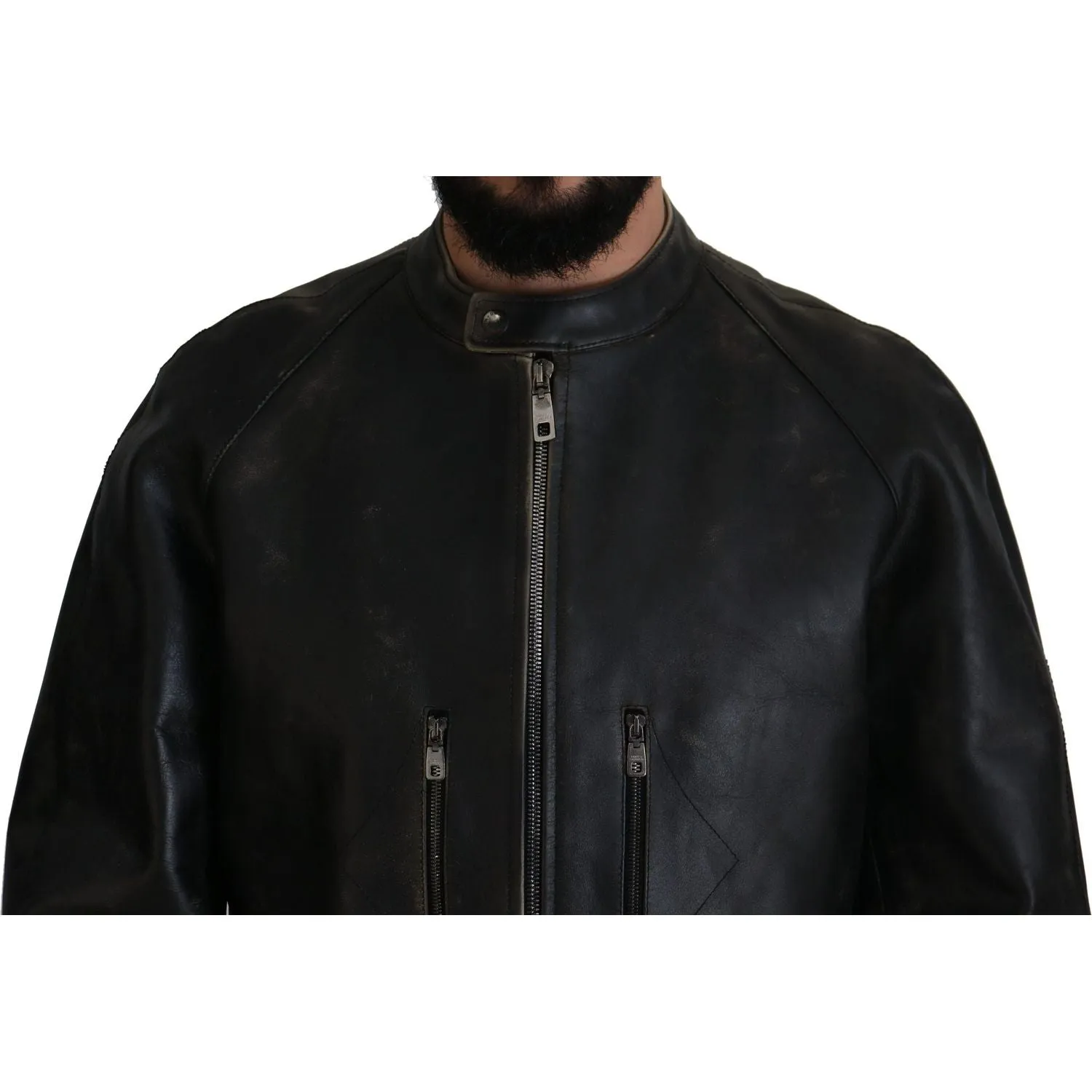 Dolce & Gabbana Elegant Black Leather Jacket with Silver Details