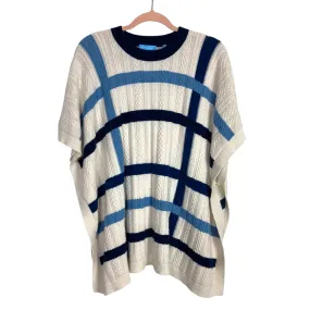 Draper James Cream/Navy/Blue Cable Knit Cashmere Wool Blend Poncho Style Sweater- Size M/L (see notes)