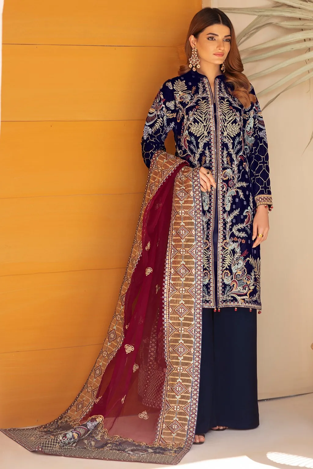 Elegant Pakistani Velvet Dress in Blue Shade #PF276