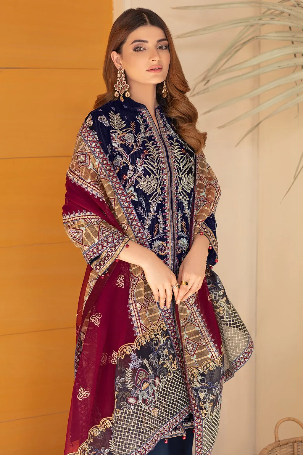 Elegant Pakistani Velvet Dress in Blue Shade #PF276