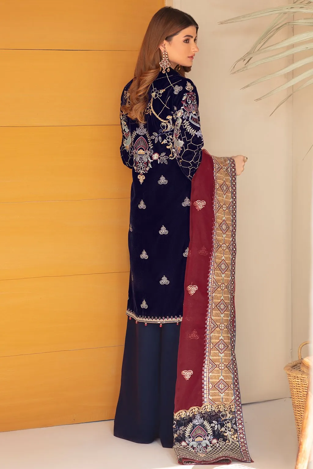 Elegant Pakistani Velvet Dress in Blue Shade #PF276