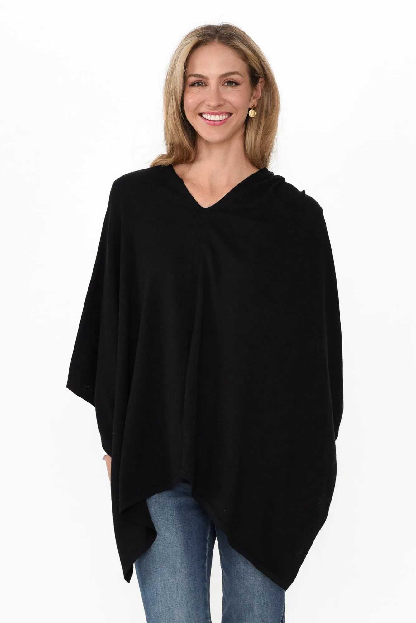 Elorie Black Cotton Cashmere Poncho